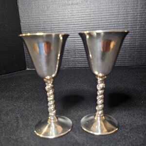 Pair of Mid Century Spanish Cordial Goblets by Valero Silver Plate Over Brass